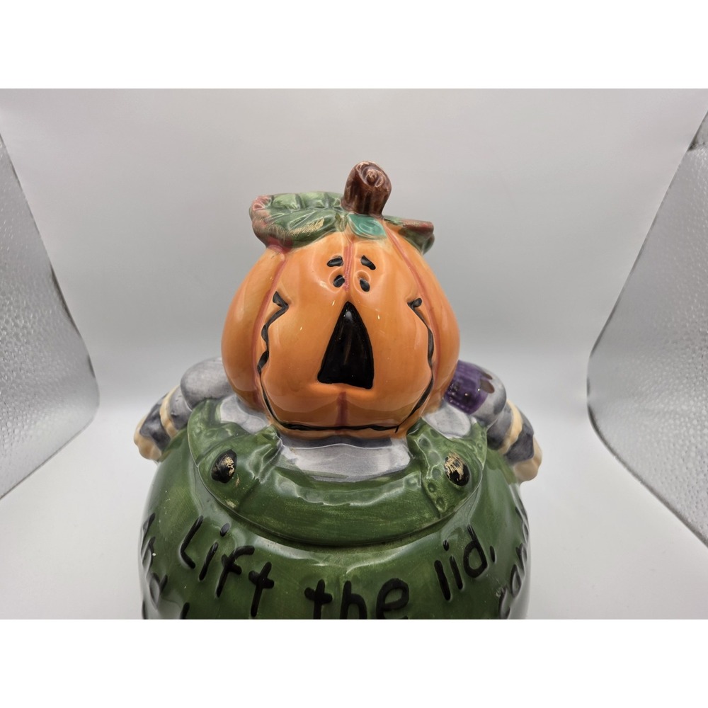 Pumpkin Head Rhyming Green Treat Jar Candy Halloween 6" Canister Ceramic Vigor - Picture 2 of 8